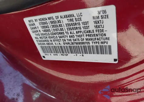 2006 Honda Odyssey Ex-L z USA, uszkodzony, nr VIN 5FNRL38796B088705